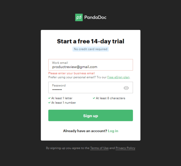 pandadoc free trial signup page