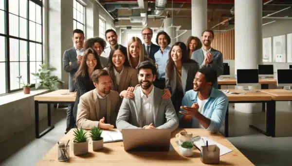 DALL·E 2024 04 25 23.22.39 A modern office setting with a diverse group of professionals from various ethnic backgrounds gathered around a laptop smiling and bidding farewell t
